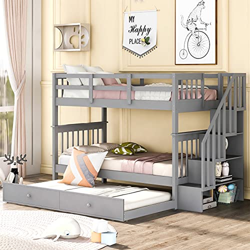 White Twin Over Twin Solid Wood Bunk Bed with Stairs and Trundle F341