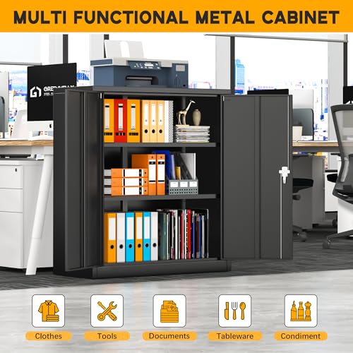 Black Metal Storage Cabinet with Doors and 4 Shelves M910