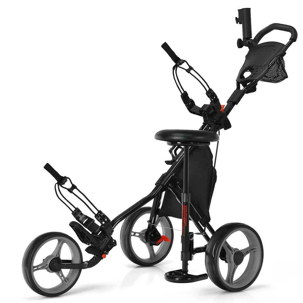 Folding 3 Wheels Golf Push Cart with Seat Blue N391983