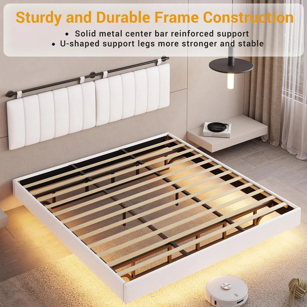 Queen Floating Bed Frame with LED Lights and Wall Mounted Headboard E52252