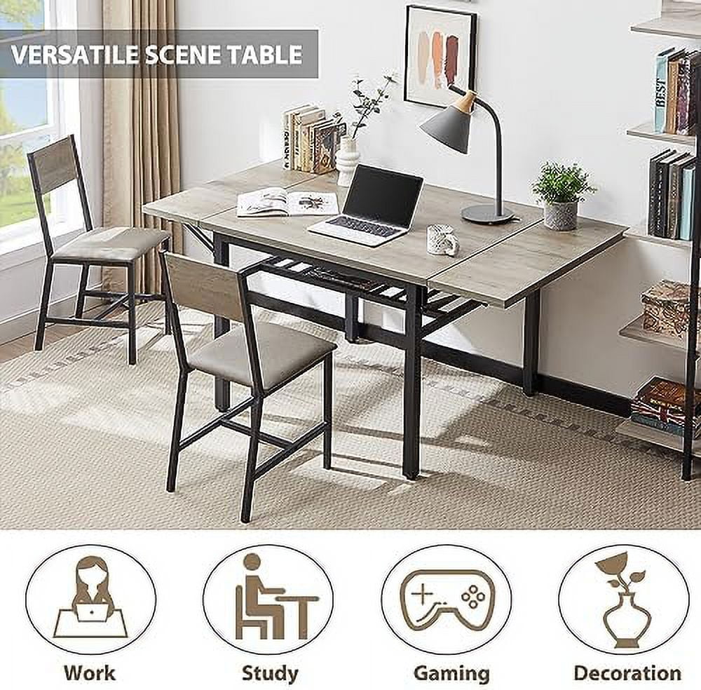 Extendable Drop Leaves Dining Table with Metal Legs Grey Q388393