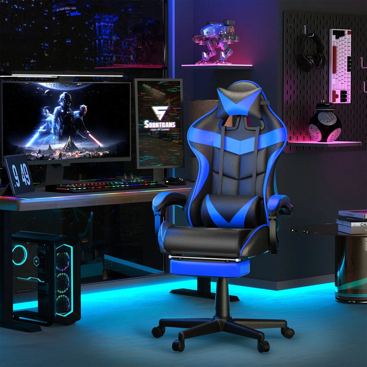 Blue Ergonomic Massage Gaming Chair with Footrest D4460