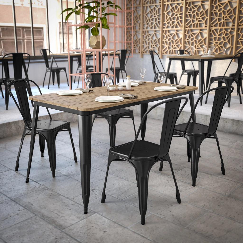Indoor/Outdoor Dining Table with Umbrella Hole, 30" x 60" Brown Poly Resin Top and Black Steel Base T40580