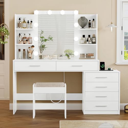 Large White Vanity Desk with Lighted Mirror and Power Outlet M306014