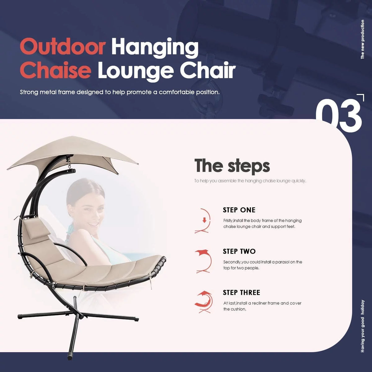 Hanging Curved Chaise Lounge Chair with Pillow, Canopy & Stand Z465