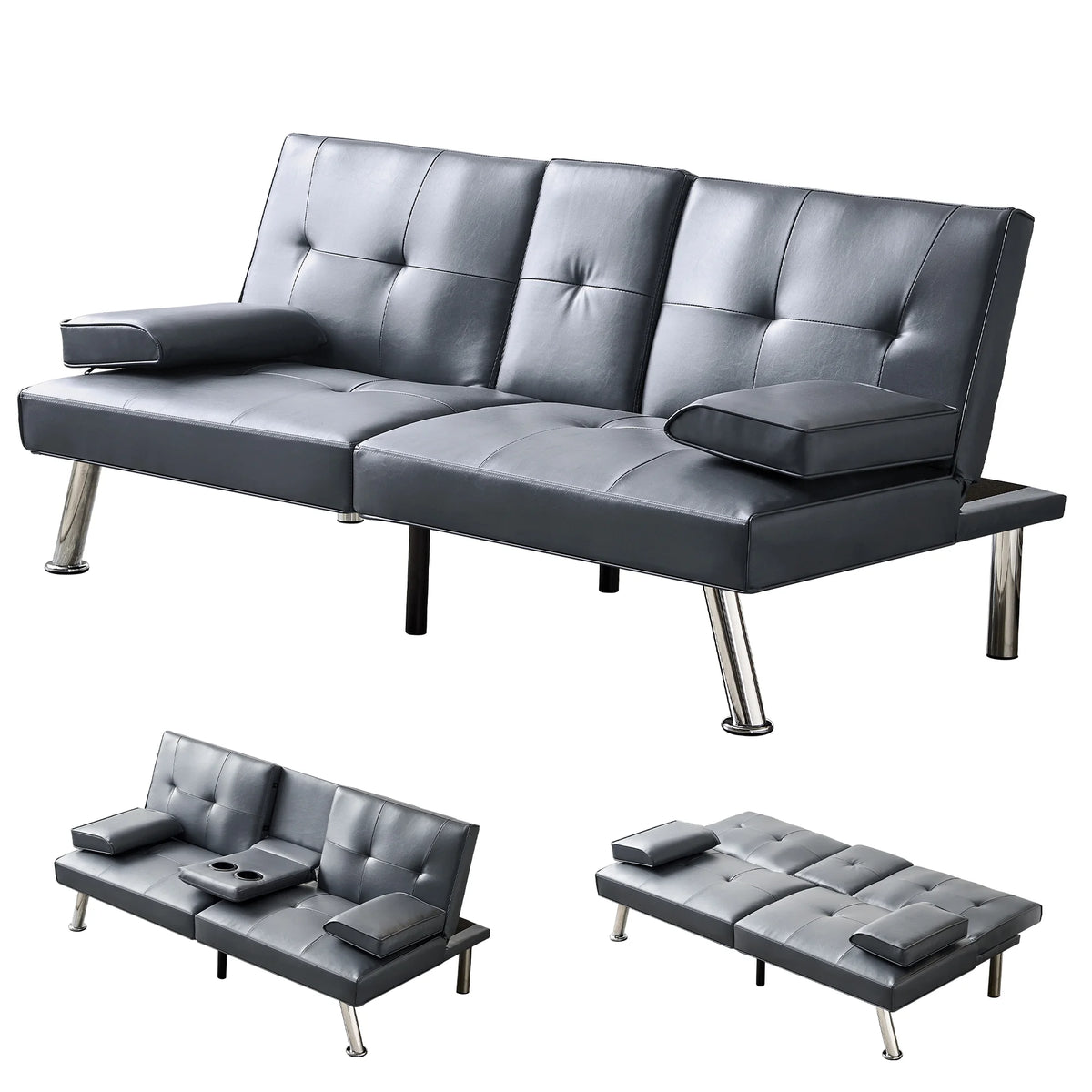 Gray Faux Leather Convertible Sofa Bed R4355
