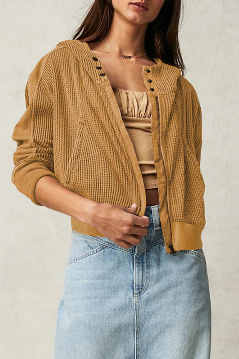 Solid Zipper Hooded Collar Outerwear A335698