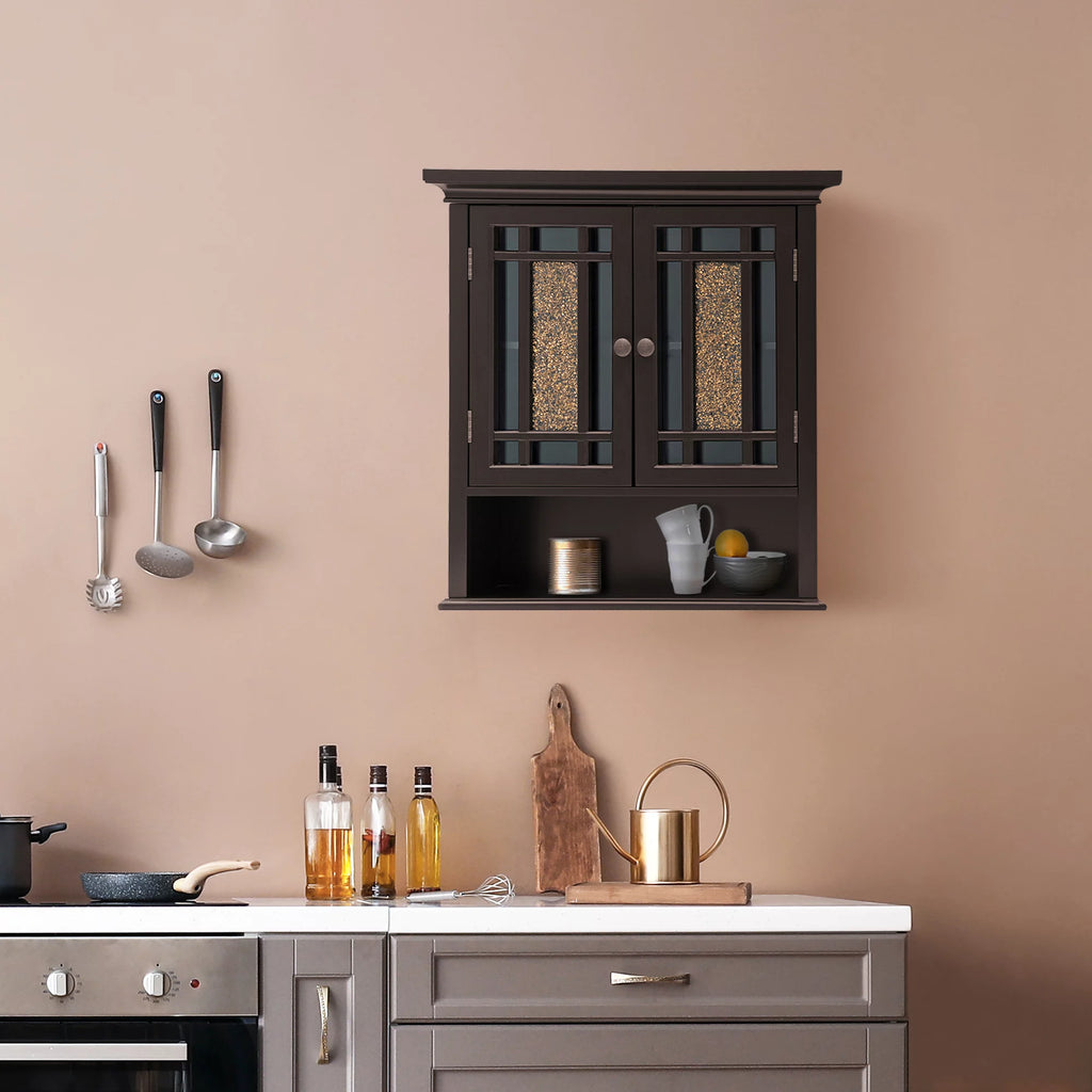 Wooden Wall Cabinet with Glass Mosaic Doors Q7136