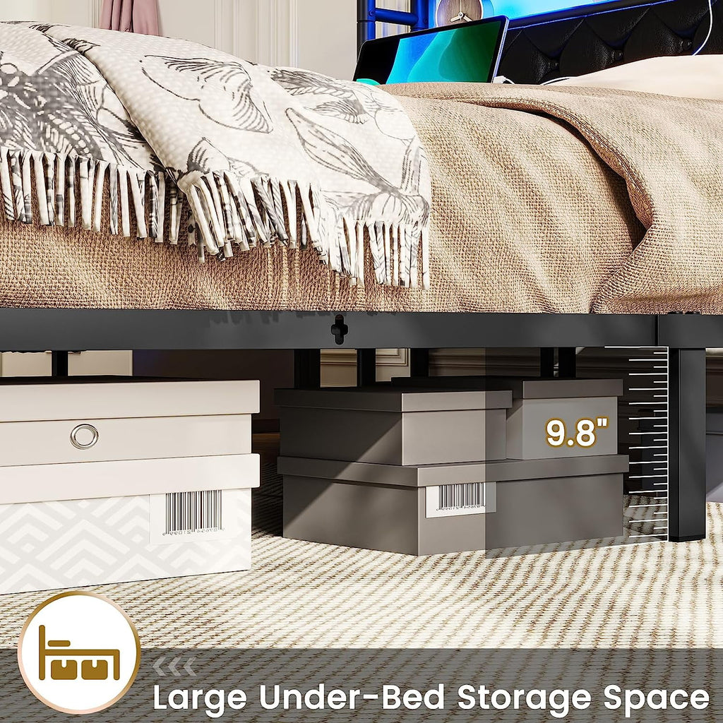 King Size Faux Leather Upholstered Platform Bed with LED Headboard T54660