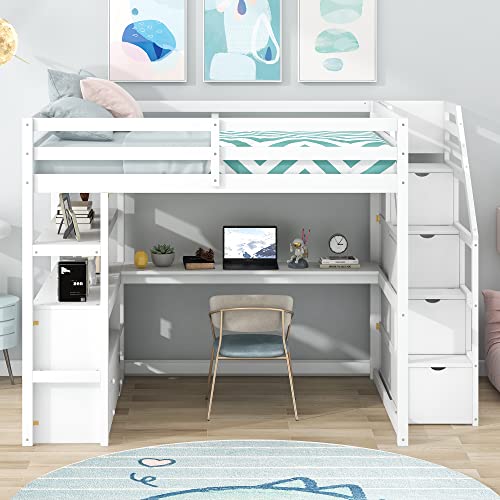 White Twin Over Twin Solid Wood Bunk Bed with Stairs and Trundle F341