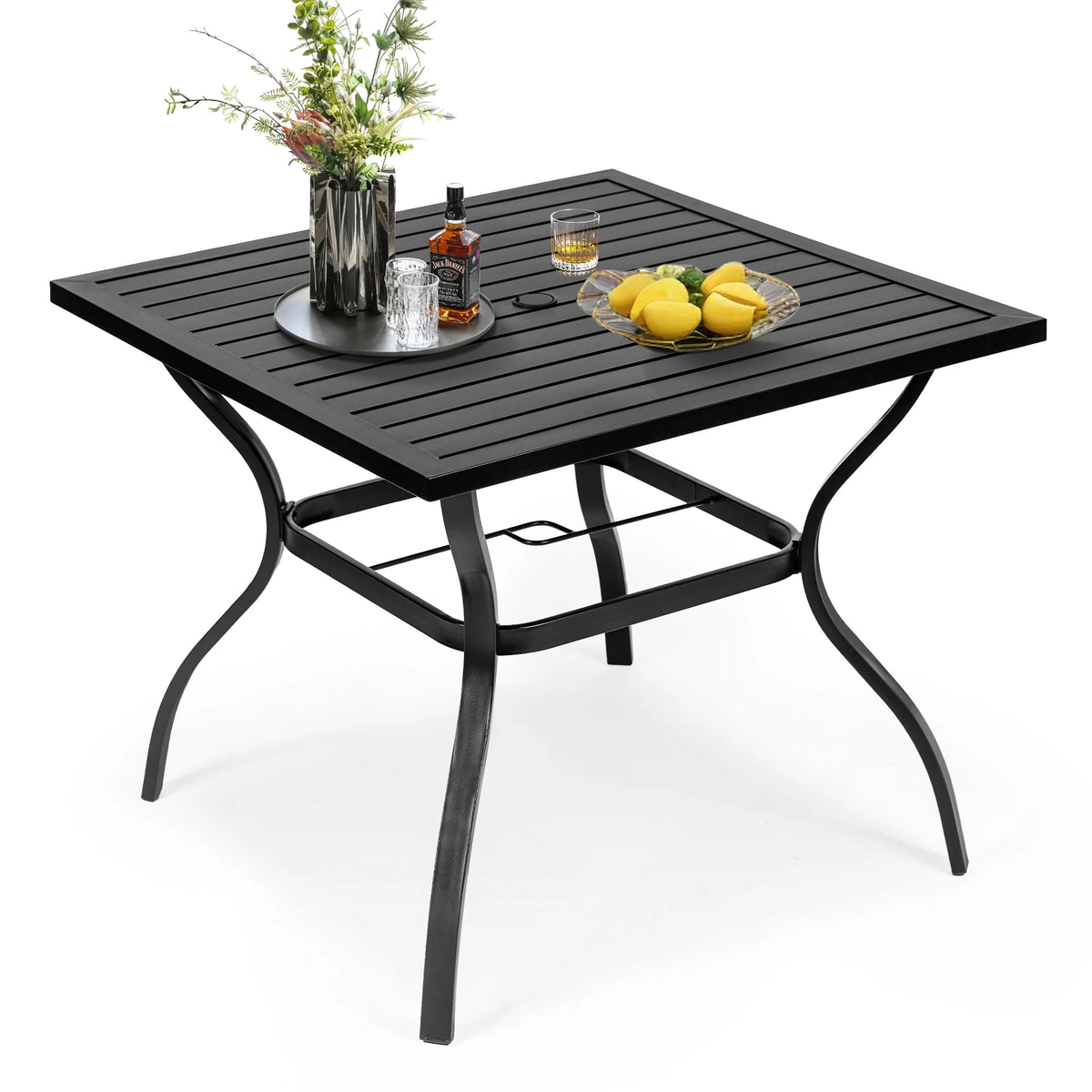 4 Seat Metal Square Outdoor Dining Table with Umbrella Hole, Black I333