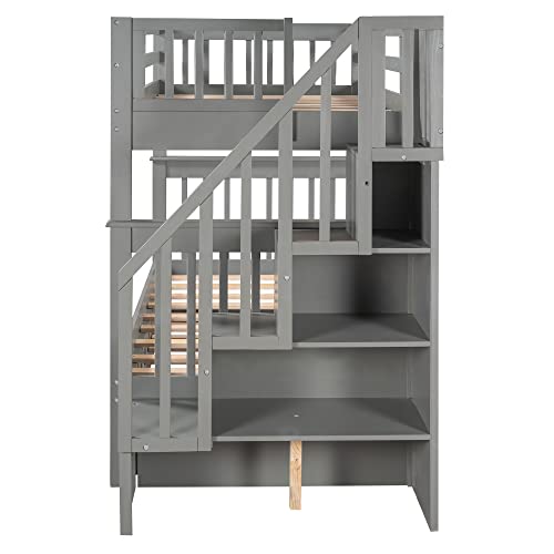 White Twin Over Twin Solid Wood Bunk Bed with Stairs and Trundle F341