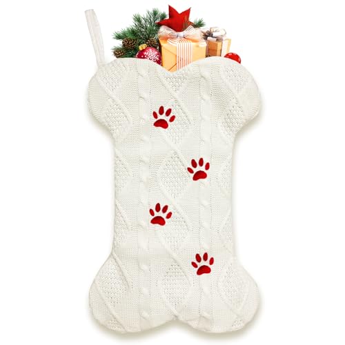 18'' Knit White Paw-Print Dog Christmas Stocking O384991