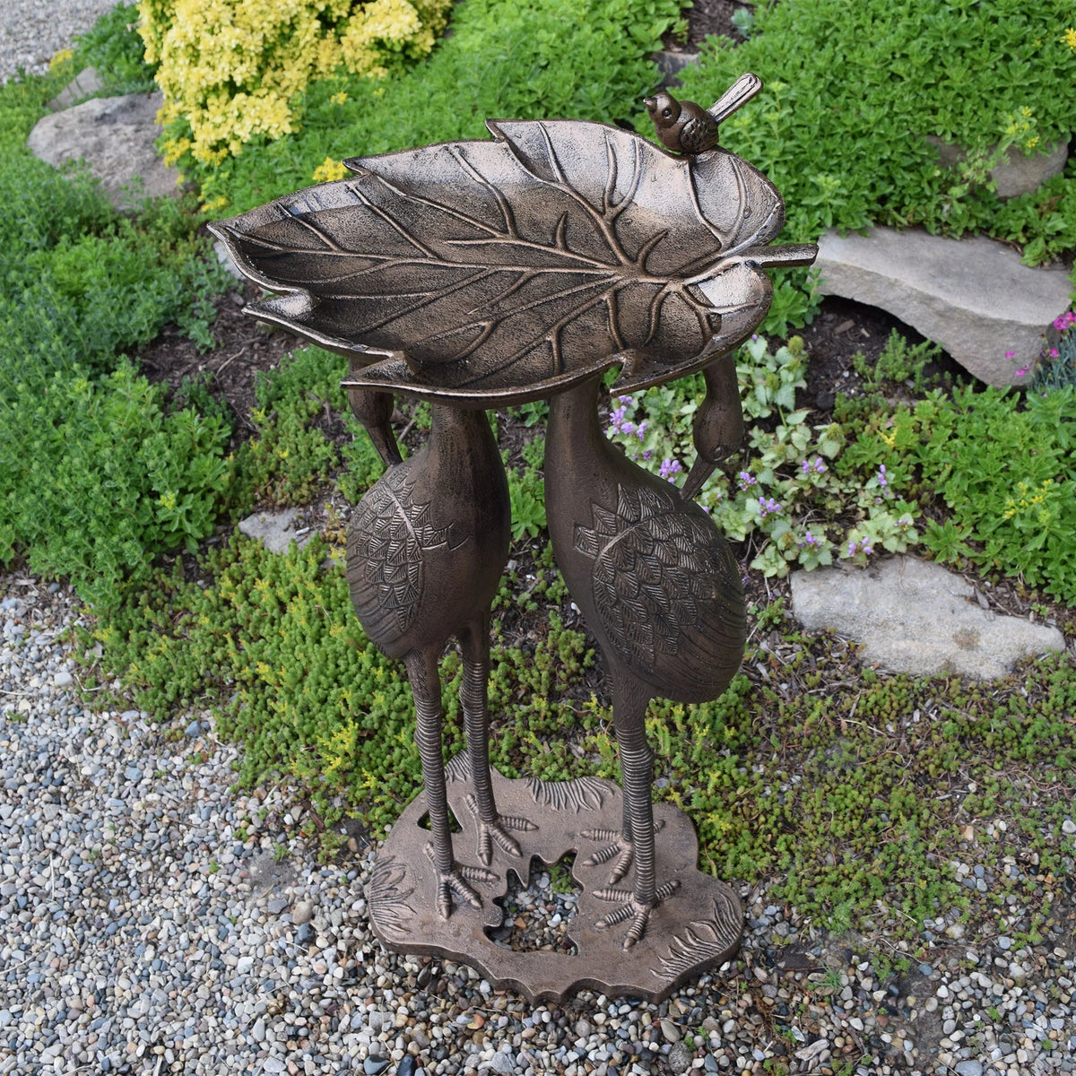 Cast Aluminum 30-in Twin Crane Bird Bath with Leaf Bowl Y39500