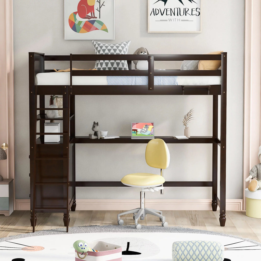 Twin Size Pine Wood Loft Bed with Desk and Shelves D726