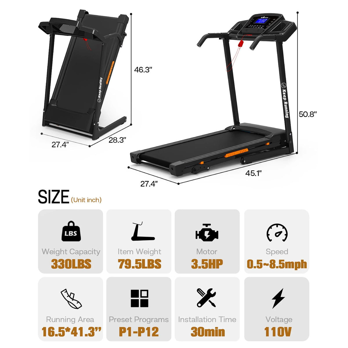 Folding Treadmill with Incline, 3.5 HP H42191