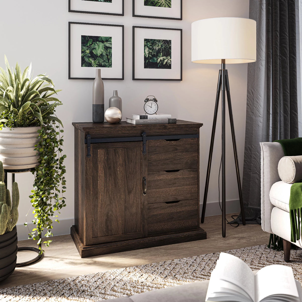 Modern Farmhouse Buffet Table with Sliding Barn Door, Three Drawers & Two Shelves T8495
