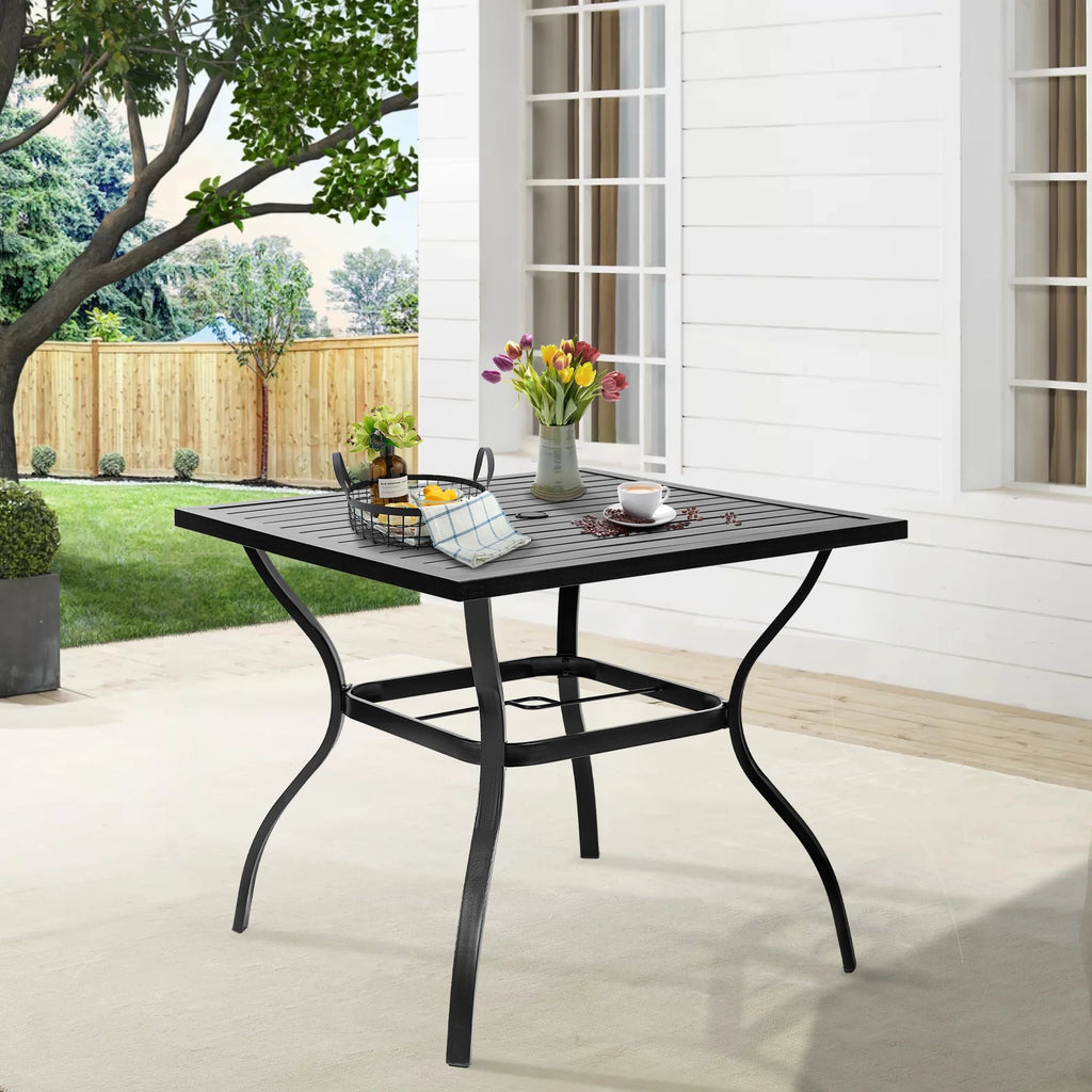 4 Seat Metal Square Outdoor Dining Table with Umbrella Hole, Black I333