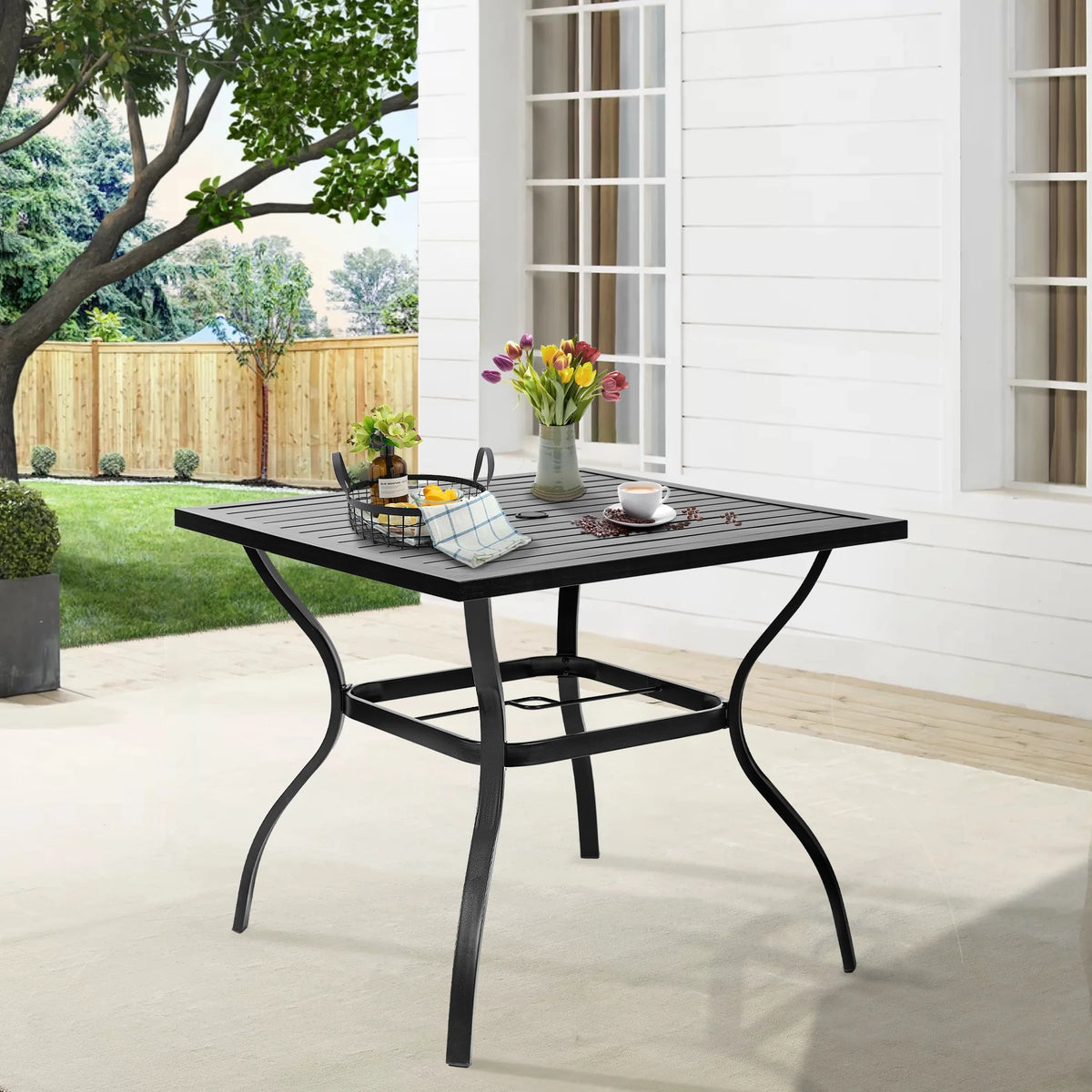 4 Seat Metal Square Outdoor Dining Table with Umbrella Hole, Black I333