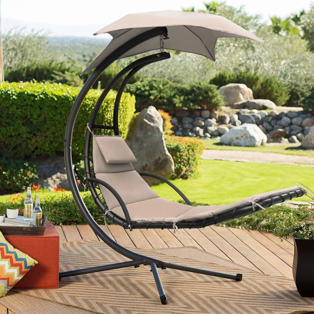 Hanging Curved Chaise Lounge Chair with Pillow, Canopy & Stand Z465