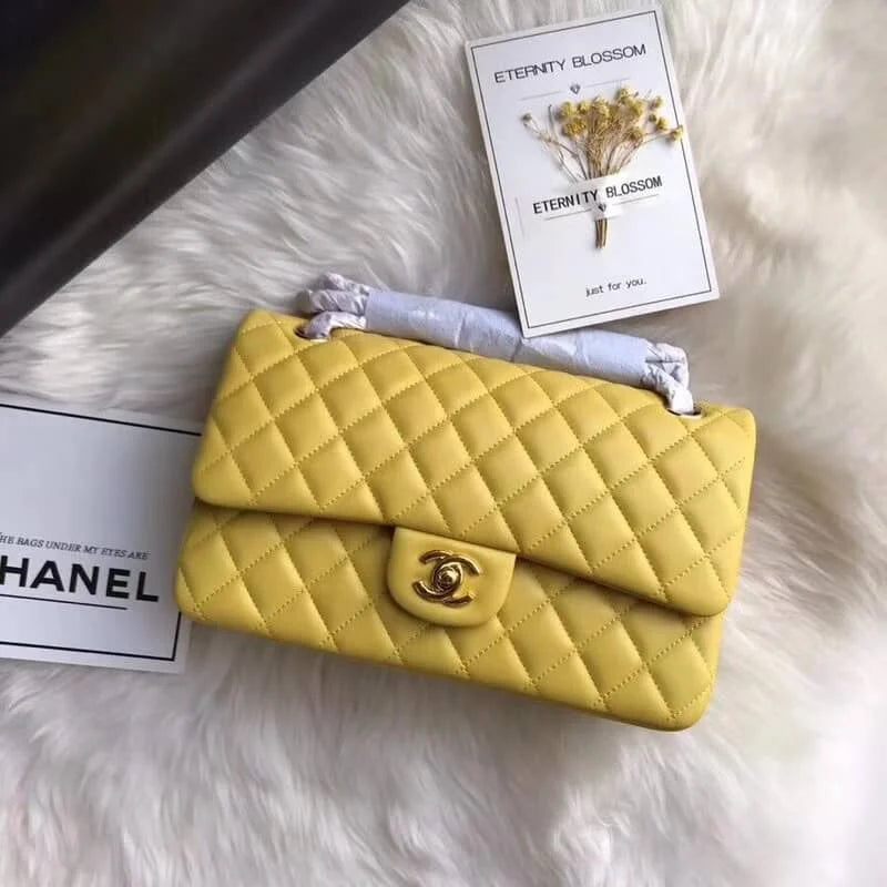 Yellow Lambskin Leather Flap Bag I875