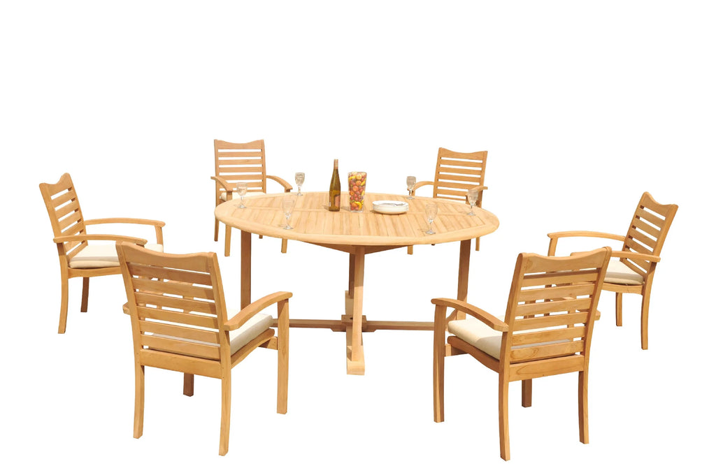 Grade-A Teak 7 Pc Dining Set with 72" Round Table and 6 Stacking Arm Chairs H254