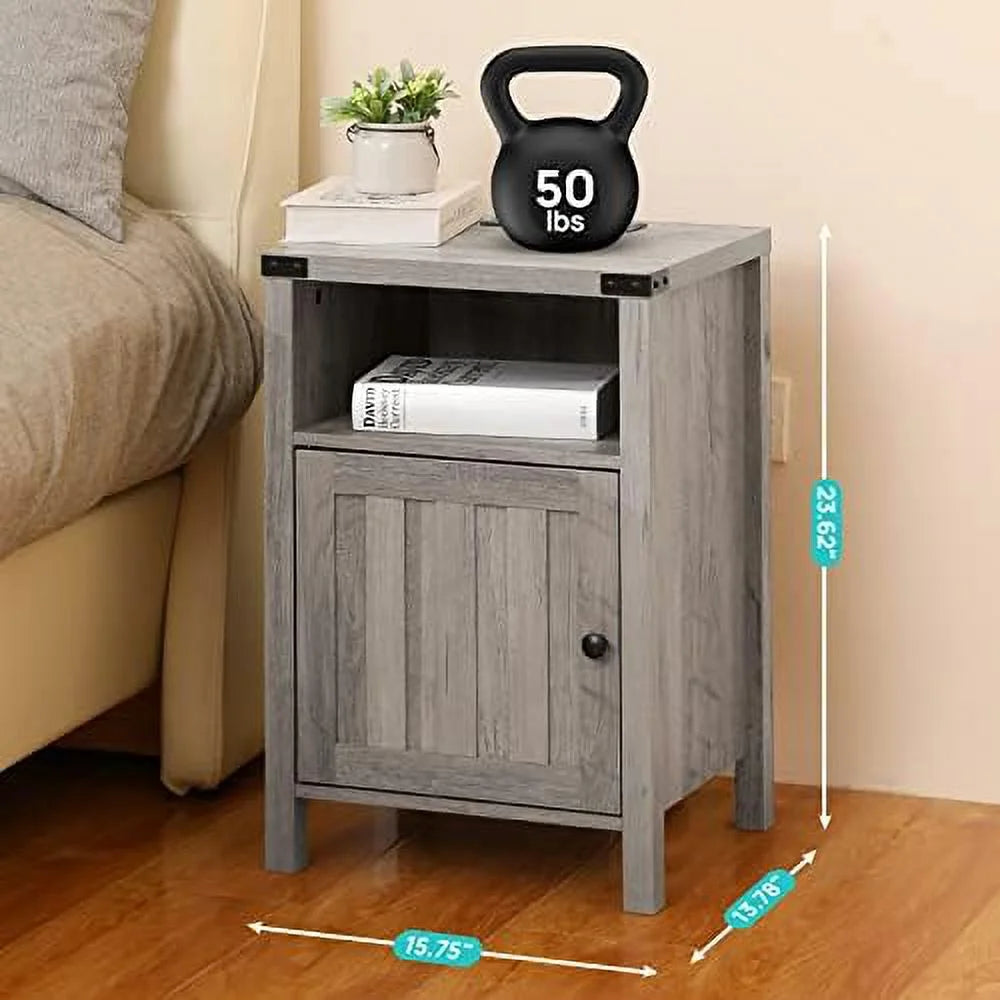 Grey Nightstand with LED Lights and Charging Station Set of 2 S8378