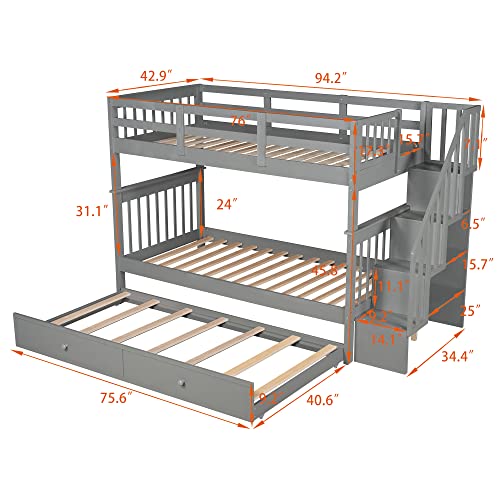 White Twin Over Twin Solid Wood Bunk Bed with Stairs and Trundle F341