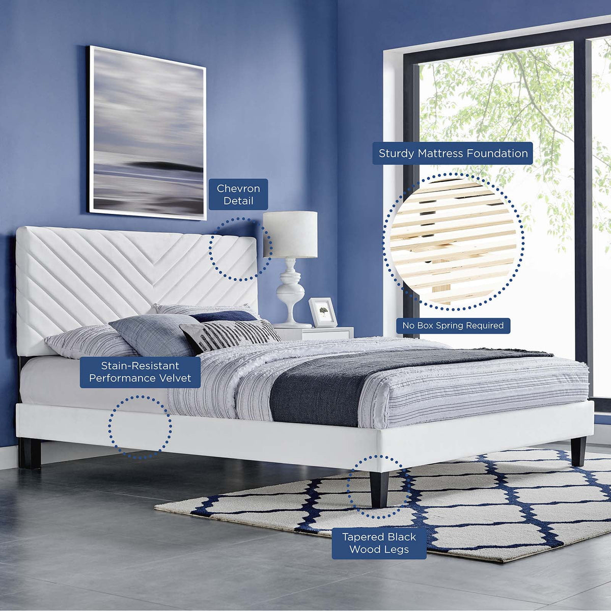 Queen Size White Velvet Platform Bed Frame U329