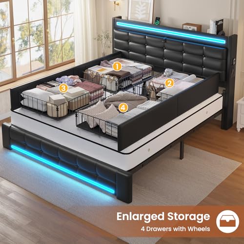 Queen Bed Frame with Storage Headboard & 4 Drawers X592