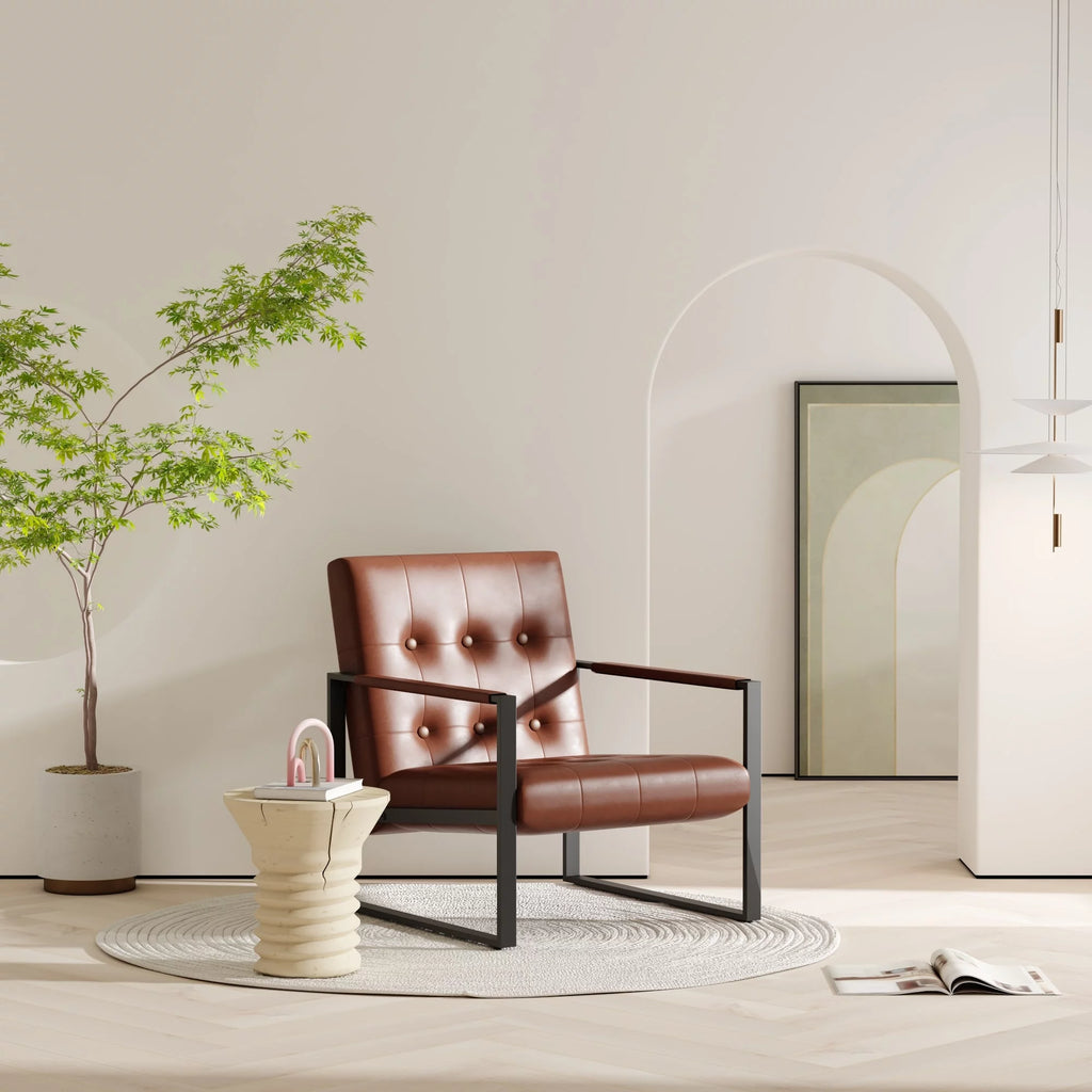 Brown Faux Leather Accent Chair with Steel Frame J9616