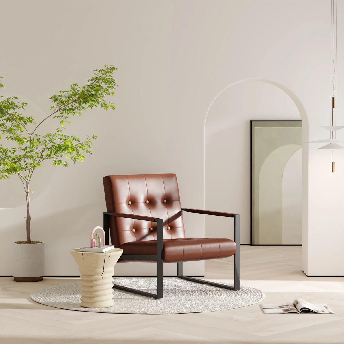 Brown Faux Leather Accent Chair with Steel Frame J9616