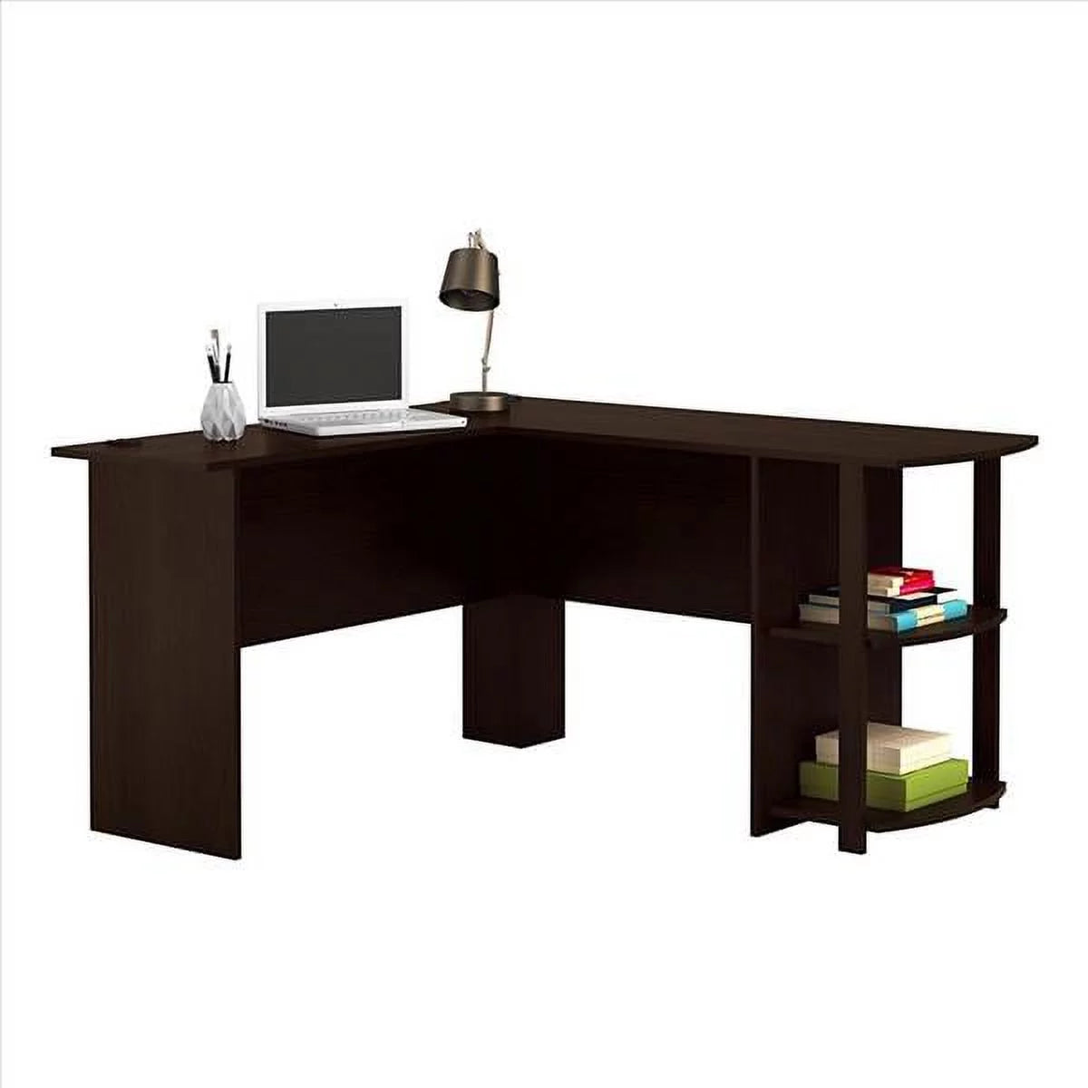 L-Shaped Wood Computer Desk with Bookshelves Dark Brown V79865
