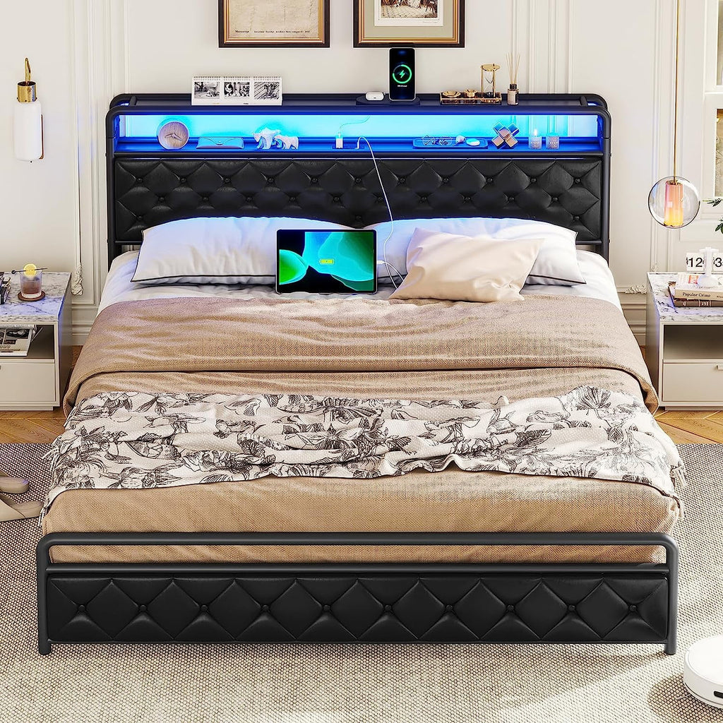 King Size Faux Leather Upholstered Platform Bed with LED Headboard T54660