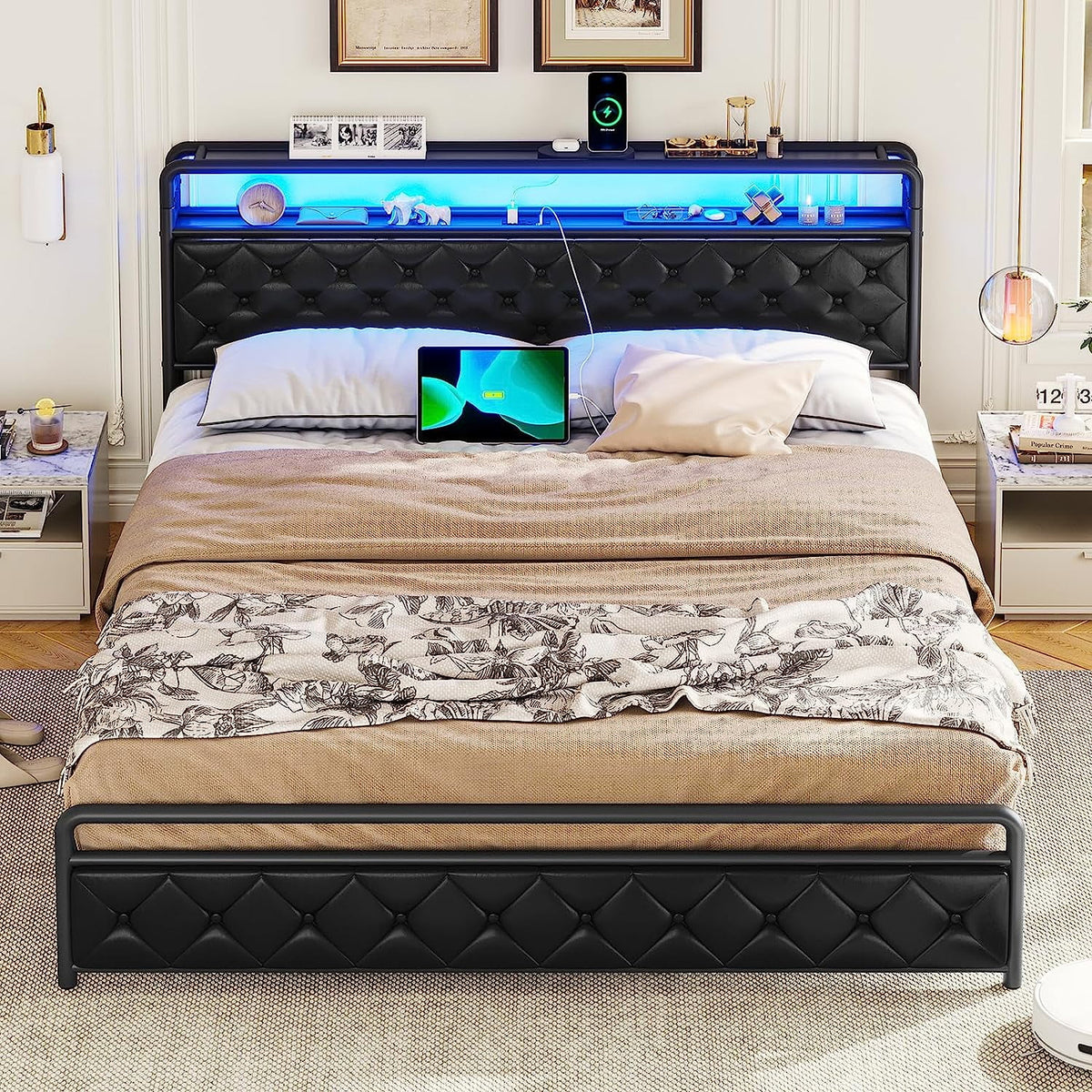 King Size Faux Leather Upholstered Platform Bed with LED Headboard T54660